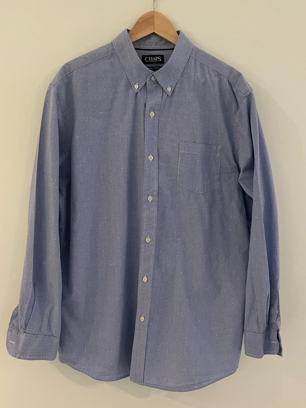 Chaps Men’s Blue Button-Down Dress Shirt with Subtle Dot Texture